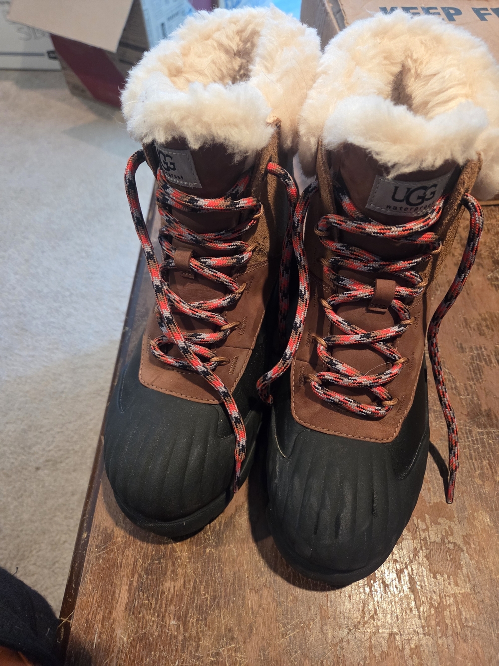 UGG Brown and Black Waterproof LaceUp Winter Boots with Cream Shearling!